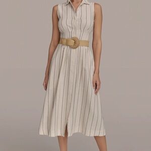 Donna Karan Ivory Striped Midi Dress with Beige Belt Women's 6